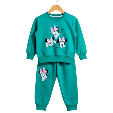Minnie Mouse Kids Tracksuit Set – Teal Sweatshirt & Trouser- Fleece Fabric