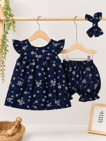 Navy Blossom Flutter Dress & Bloomers Set with Matching Headband