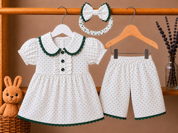Jashn-e-Azadi Green & White Polka Dot 3-Piece Set with Headband
