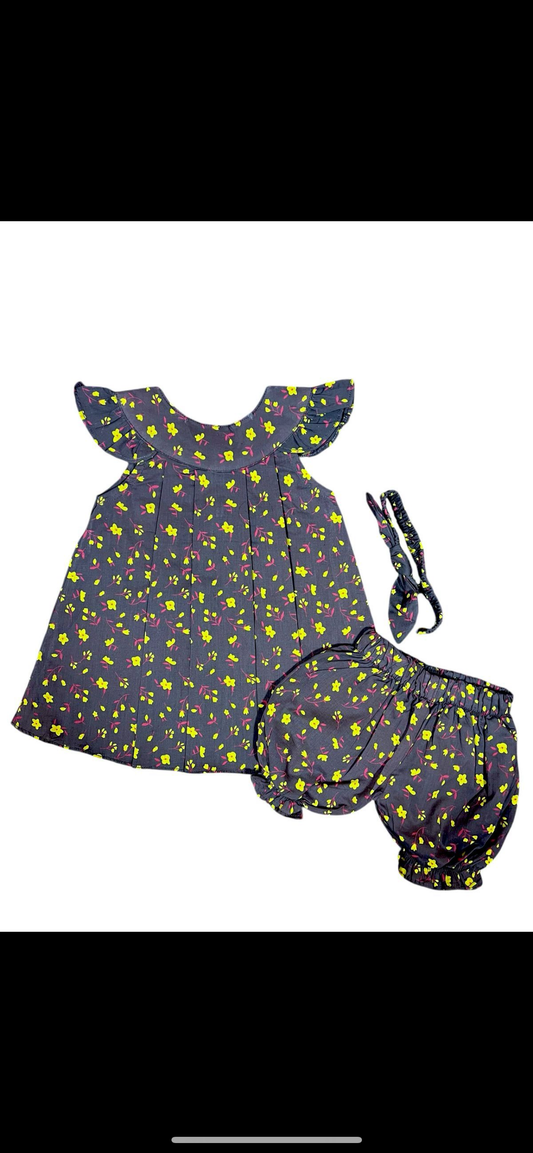 Brown black Lawn flowers Colours With Shorts and Hairband