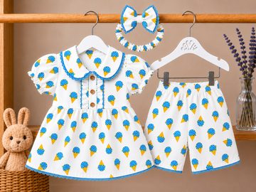 Cotton lawn Lace Stylish Collar Style Frock Cone Icecream with Matching Shorts With Hairband