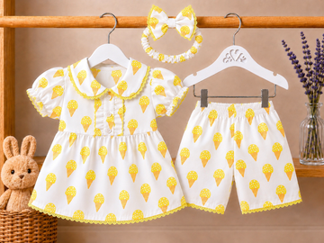 Cotton lawn Lace Stylish Collar Style Frock Cone Icecream with Matching Shorts With Hairband