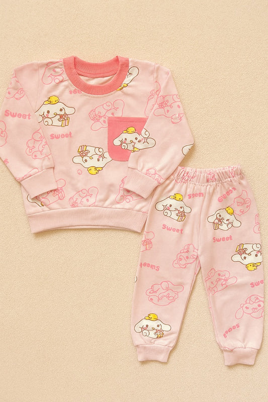 French Terry Girls Suit Bear- Baby Pink