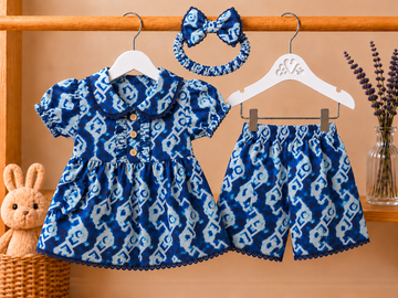 Cotton lawn Lace Stylish Collar Style Frock Floral with Matching Shorts With Hairband