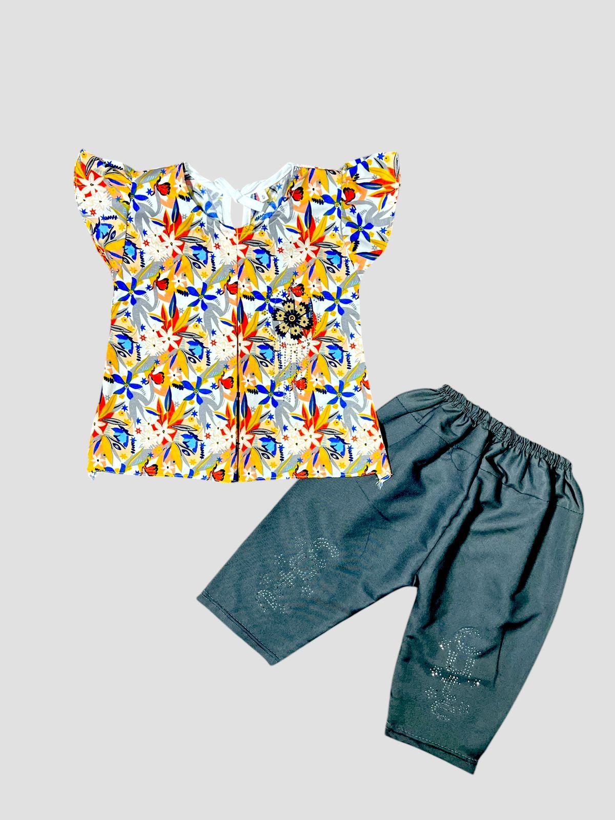 Sunny Blossoms Toddler Outfit - Ruffled Floral Shirt & Capris