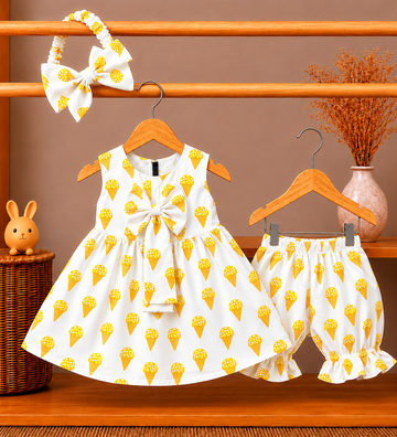Sweet Cone Icecream Baby Girl Dress & Ruffle Bloomers Set with Headband