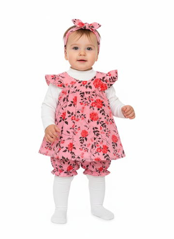 5 pc set with hineck and leggings Pink Floral Baby Dress Set with Headband