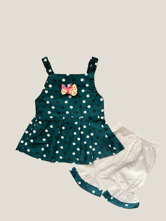 Cute Baby Girl Outfit - White Dress with Black Flowers, Bloomers,