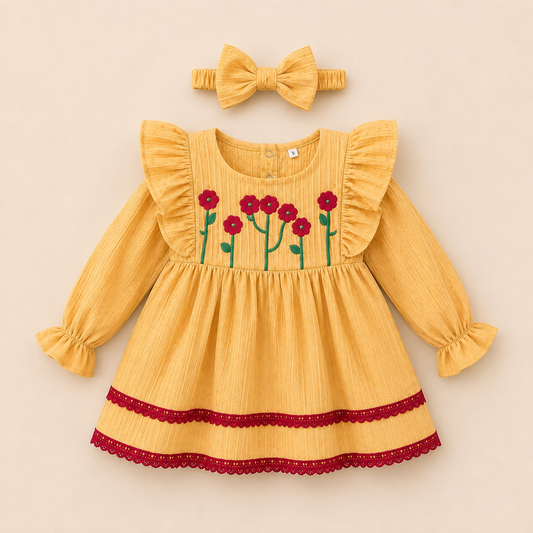 Turkish Popcorn Fabric Full Sleeves Frock , Embos Printed With Lace , And Cute Bow Hairband