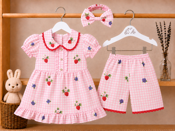 Cotton lawn Stylish Collar Style Frock Striped Top with Matching Shorts And Bow Lace With Hairband
