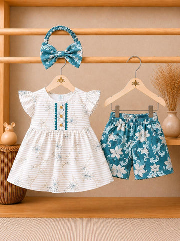 Ocean Bloom Girls Tunic & Floral Shorts Set with Matching Headband