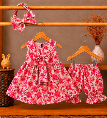 Lawn Fabric Vintage Rose Baby Dress, Bloomers & Headband Set – Pink