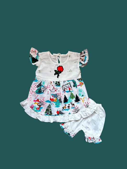 Cute Baby Girl Outfit - White Dress with Black Flowers, Bloomers,