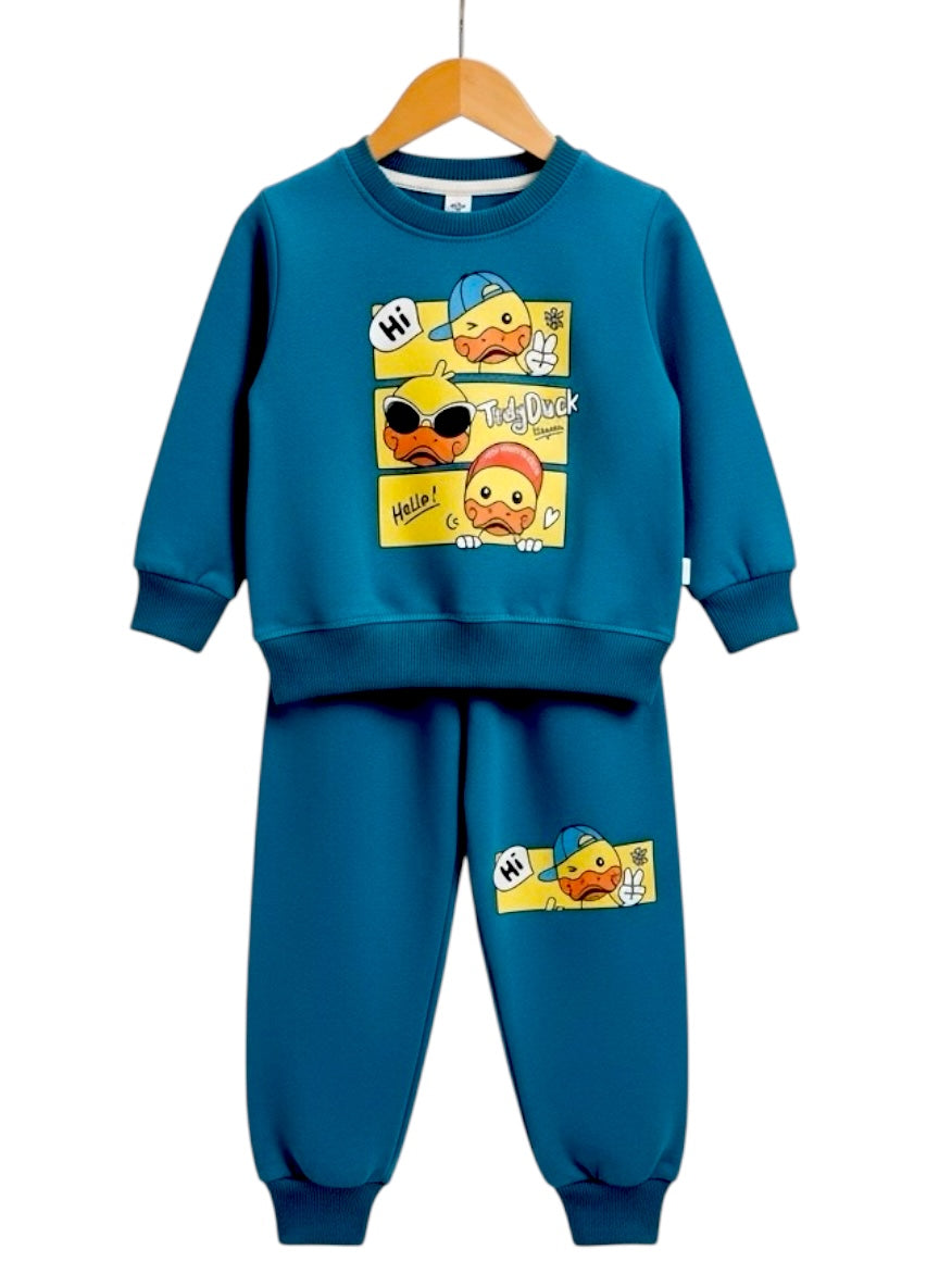 Tidy Duck Kids Tracksuit Set – Teal Cartoon Duck Sweatshirt & Trouser- Fleece Fabric