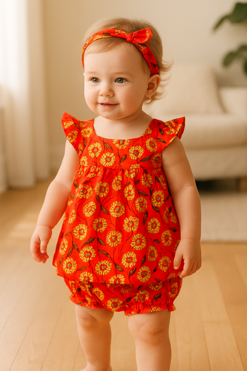 Cotton Lawn Baby Frock with Short & Hairband Orange