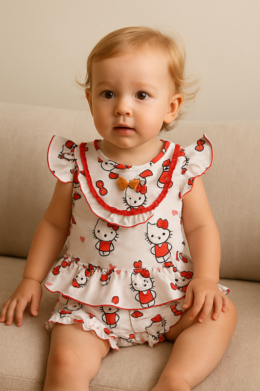Cute Baby Girl Outfit - White Dress with Black Flowers, Bloomers,