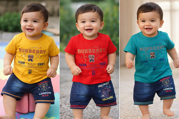 Boys "Bear Bursberry" Graphic T-Shirt & Denim Jogger Shorts 2-Piece Summer Set