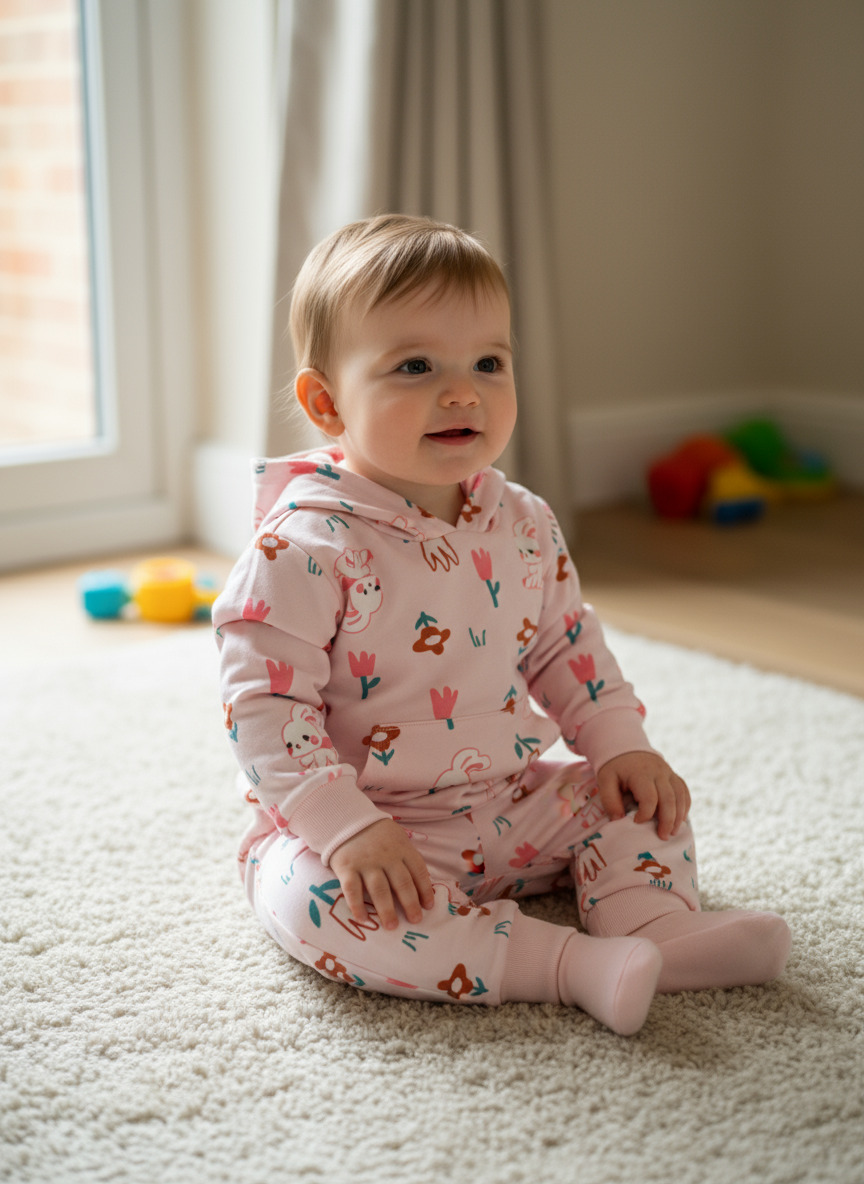 French Terry Girls Suit Leaves Design - Pink