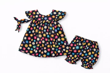 Toddler Floral (15) & Grid Print Set - Vintage Style With Hairband 3pc Summer Outfit