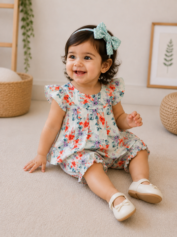 Floral Frock 3-Piece Flutter Dress Set With Hairband