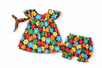 Toddler Floral (14) & Grid Print Set - Vintage Style With Hairband 3pc Summer Outfit