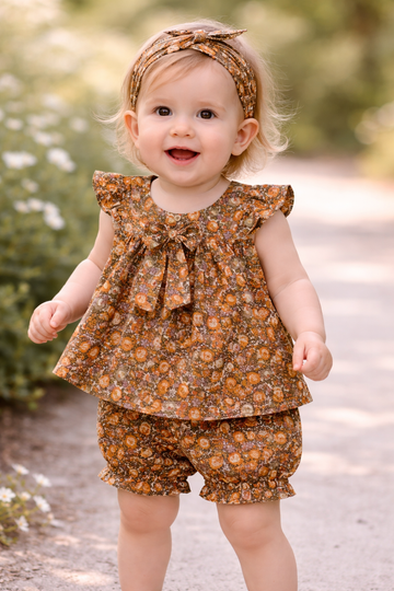Autumn Garden 3-Piece Floral Set – Ruffle Top, Bloomers & Bow