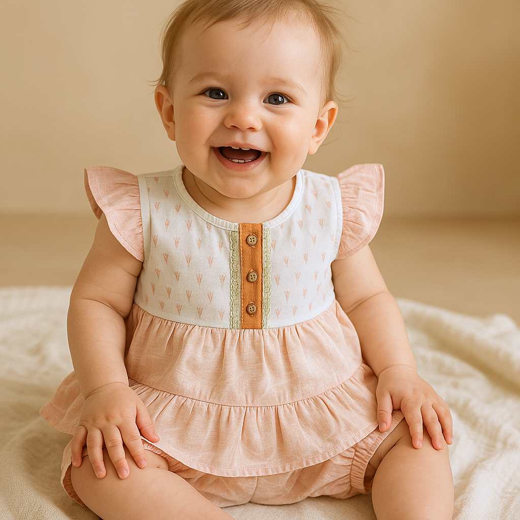 Adorable Baby Girl Tiered Dress & Bloomers Set - Peach Heart Print