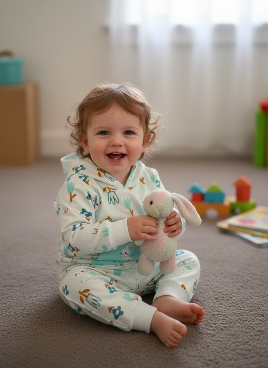 French Terry Girls Suit Leaves Design - Sea Green