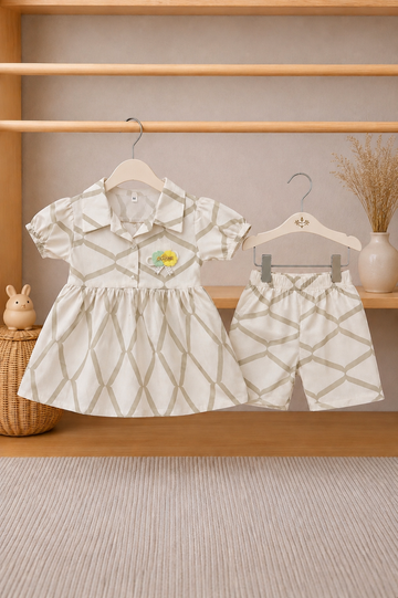 Cotton lawn Stylish Collar Style Frock Striped Top with Matching Shorts And Bow Lace