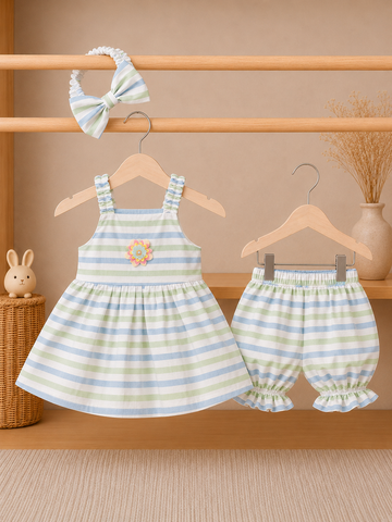 Cotton lawn Stylish Striped Top with Matching Shorts And Bow Hair Band