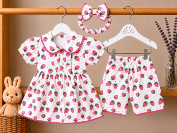 Cotton lawn Lace Stylish Collar Style Frock Cone Strawberries with Matching Shorts With Hairband