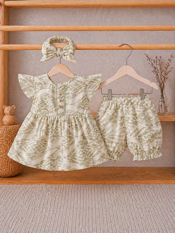 Cotton lawn Stylish Frock Striped Top with Matching Shorts And Bow Hair Band