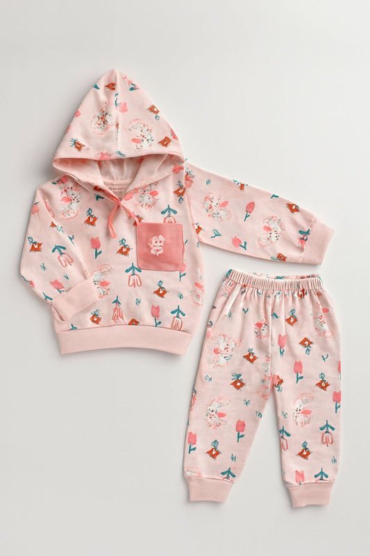 French Terry Girls Suit Leaves Design - Pink