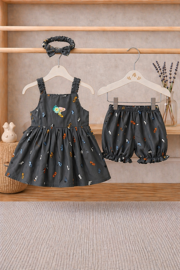 Cotton Stylish Striped Cars Top with Matching Shorts And Bow Hair Band