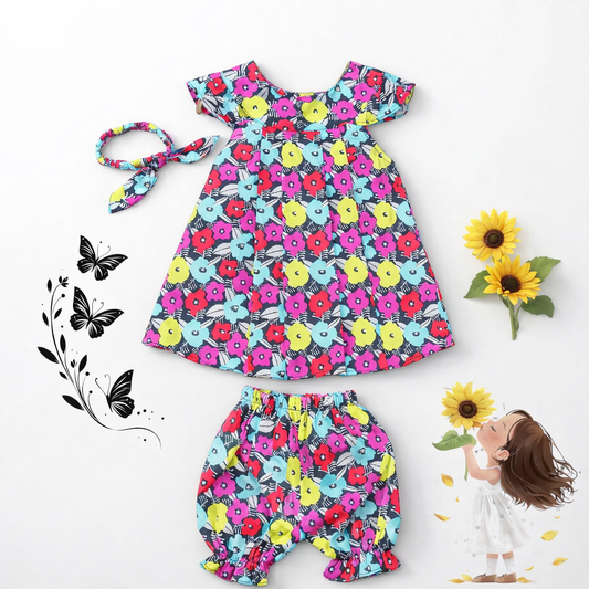 Toddler Floral (2) & Grid Print Set - Vintage Style 3pc Summer Outfit