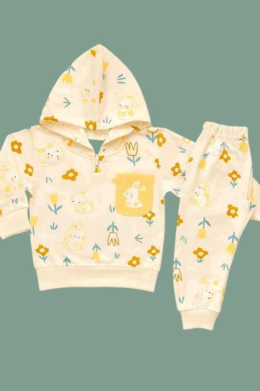 French Terry Girls Suit Leaves Design - Lemon