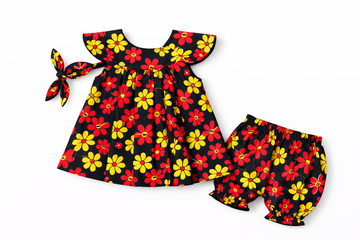 Toddler Floral (6) & Grid Print Set - Vintage Style With Hairband 3pc Summer Outfit
