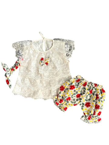 Chicken Cotton Frocks with hair bands and shorts