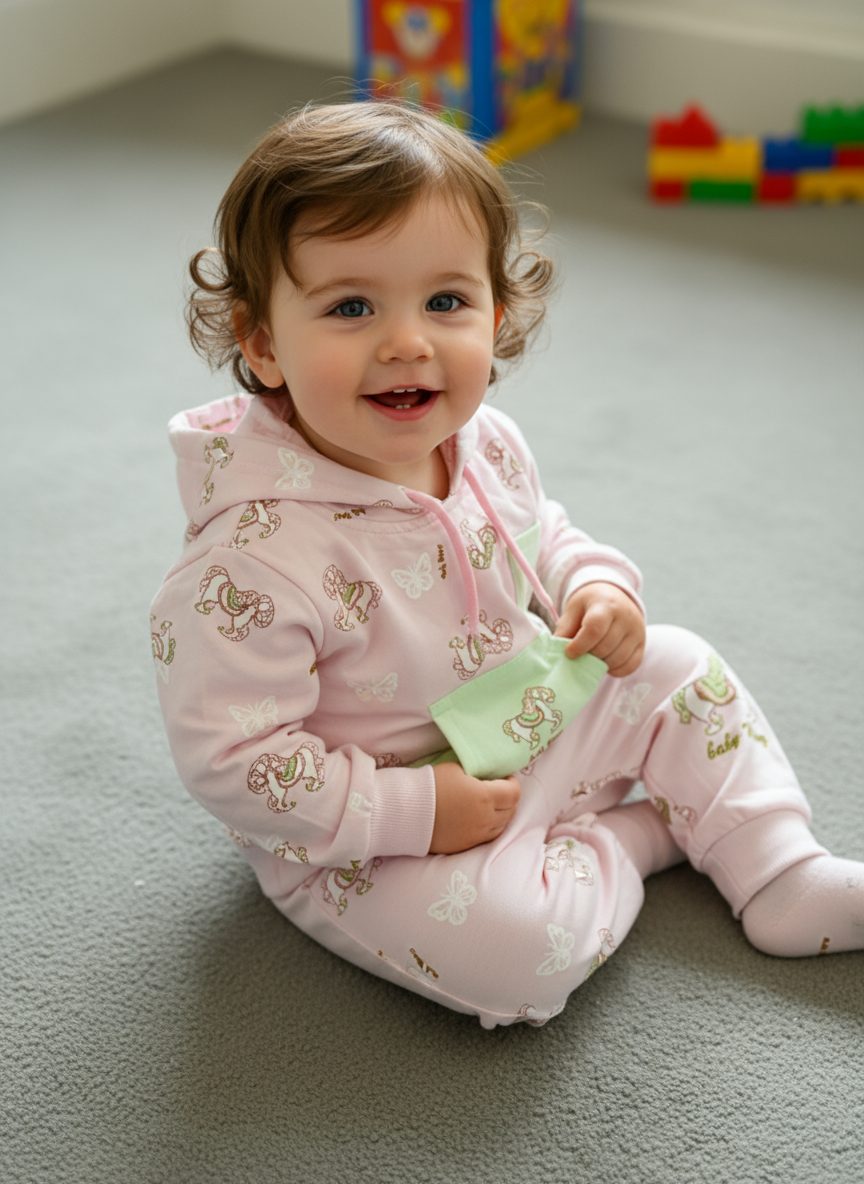 French Terry Girls Suit Horsy Design - Pink