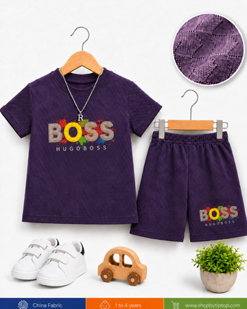 Kids Boss Print Textured Summer Co-ord Set – Purple