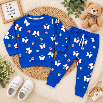 Kids Butterfly & Floral Print Fleece Tracksuit – Royal Blue