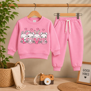 Pink "LOVE" Bunnies Graphic Fleece Sweatshirt & Jogger Set