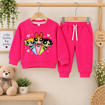 Hot Pink "Power Puff Girls" Trio Graphic Fleece Sweatshirt & Jogger Set