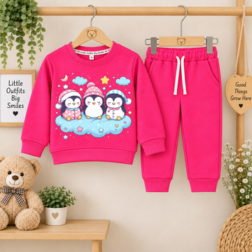 Hot Pink Winter Penguins Graphic Fleece Sweatshirt & Jogger Set