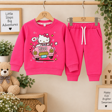 Baby Pink "Hello Kitty" Car Graphic Fleece Sweatshirt & Jogger Set