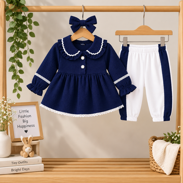 Navy Blue & White Peter Pan Collar Dress & Side-Stripe Pant Set