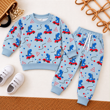 Light Sea Green Fleece Dino Adventure Tracksuit | Fun Dinosaur & Car Print Kids Set