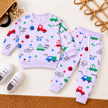 Beep Beep! Lavender Fleece Sweatshirt & Pants Set | Fun Car Print for Kids