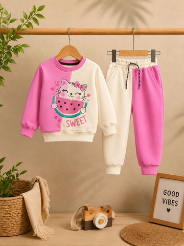 Girls’ Pink & Cream Kitty Watermelon Sweatshirt & Jogger Set