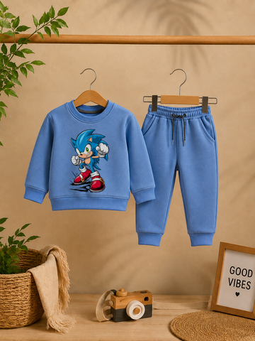 Kids Blue Fleece 2-Piece Set – Cartoon Print Sweatshirt & Jogger Outfit